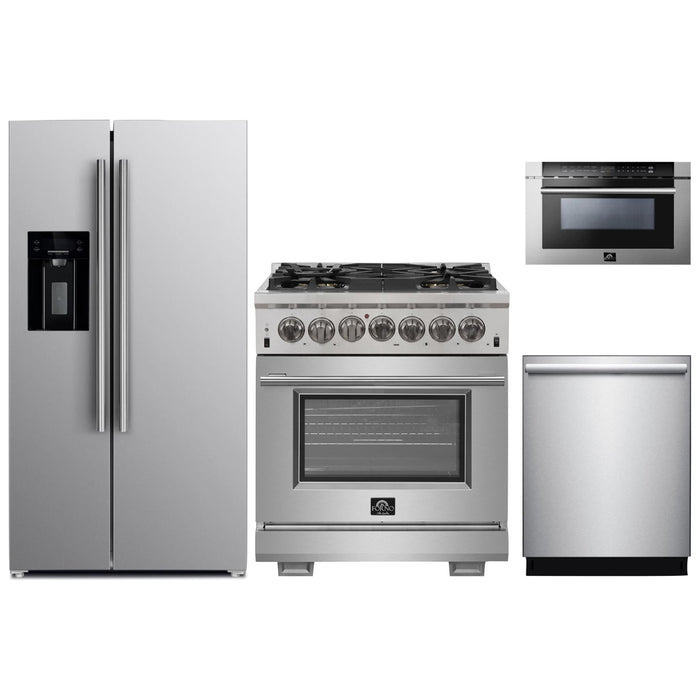 Forno 30" Gas Range, Refrigerator with Water Dispenser, Microwave Drawer and Stainless Steel 3-Rack Dishwasher Pro Appliance Package