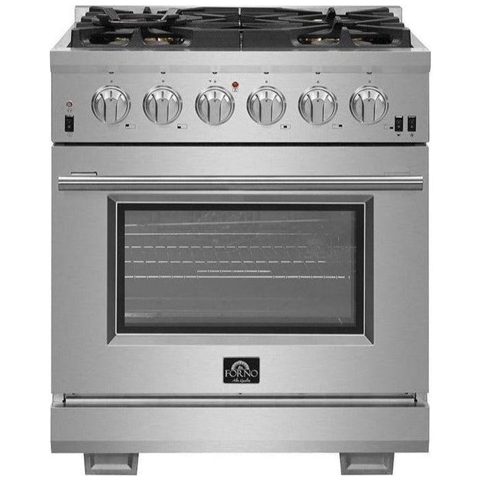 Forno 30" Gas Range, Refrigerator with Water Dispenser, Microwave Drawer and Stainless Steel 3-Rack Dishwasher Pro Appliance Package