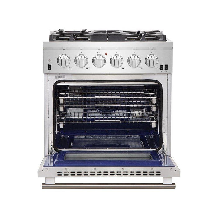 Forno 30" Gas Range, Refrigerator with Water Dispenser, Microwave Drawer and Stainless Steel 3-Rack Dishwasher Pro Appliance Package