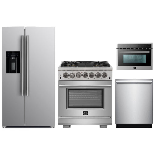 Forno 30" Gas Range, Refrigerator with Water Dispenser, Microwave Oven and Stainless Steel 3-Rack Dishwasher Pro Appliance Package