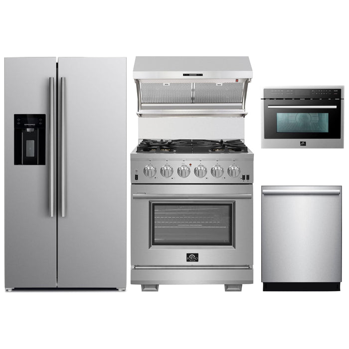 Forno 30" Gas Range, Refrigerator with Water Dispenser, Wall Mount Hood with Backsplash, Microwave Oven and Stainless Steel 3-Rack Dishwasher Pro Appliance Package