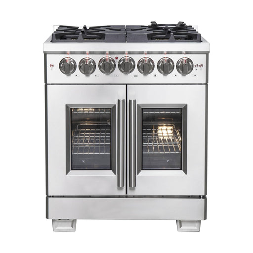 Forno 30-Inch Capriasca Dual Fuel Range with 5 Gas Burners, 100,000 BTUs, and French Door Electric Oven in Stainless Steel FFSGS6387-30