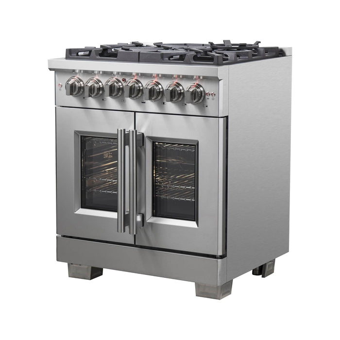 Forno 30-Inch Capriasca Dual Fuel Range with 5 Gas Burners, 100,000 BTUs, and French Door Electric Oven in Stainless Steel FFSGS6387-30