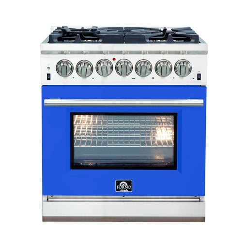 Forno 30-Inch Capriasca Dual Fuel Range with 5 Gas Burners and 240v Electric Oven in Stainless Steel with Blue Door (FFSGS6187-30BLU)