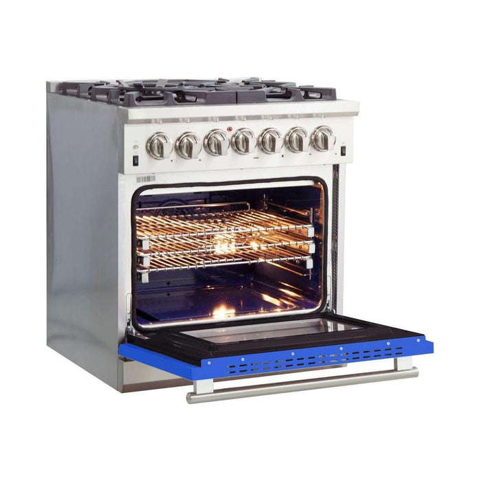 Forno 30-Inch Capriasca Dual Fuel Range with 5 Gas Burners and 240v Electric Oven in Stainless Steel with Blue Door (FFSGS6187-30BLU)