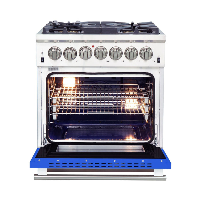 Forno 30-Inch Capriasca Dual Fuel Range with 5 Gas Burners and 240v Electric Oven in Stainless Steel with Blue Door (FFSGS6187-30BLU)