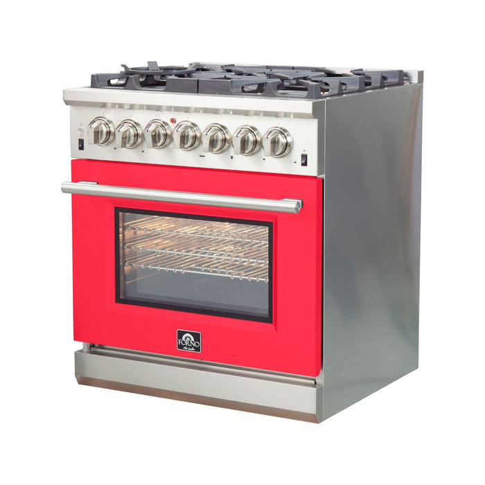 Forno 30-Inch Capriasca Dual Fuel Range with 5 Gas Burners and 240v Electric Oven in Stainless Steel with Red Door (FFSGS6187-30RED)