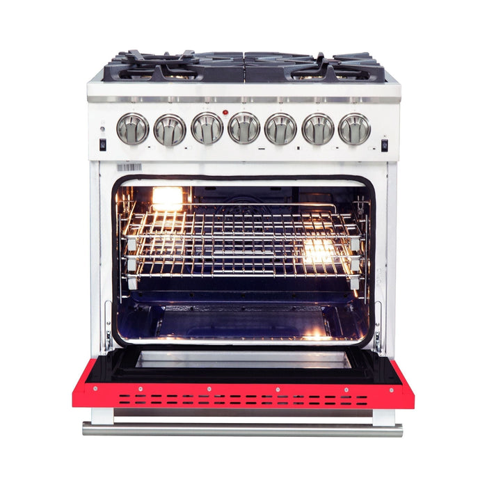 Forno 30-Inch Capriasca Dual Fuel Range with 5 Gas Burners and 240v Electric Oven in Stainless Steel with Red Door (FFSGS6187-30RED)