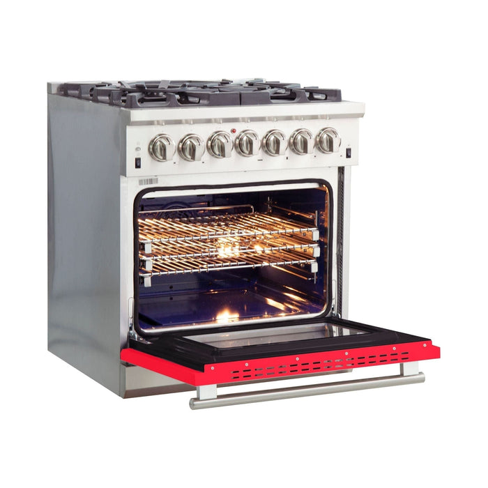 Forno 30-Inch Capriasca Dual Fuel Range with 5 Gas Burners and 240v Electric Oven in Stainless Steel with Red Door (FFSGS6187-30RED)