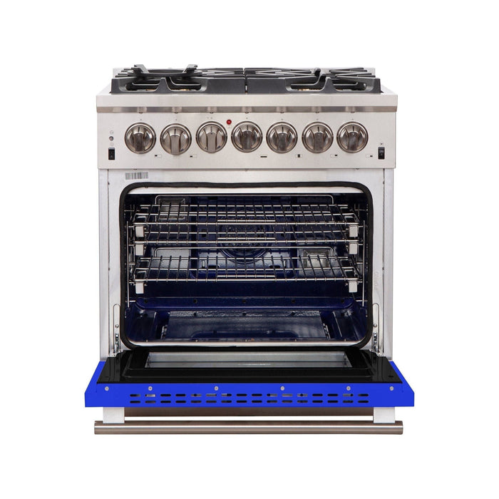 Forno 30-Inch Capriasca Gas Range with 5 Burners and Convection Oven in Stainless Steel with Blue Door (FFSGS6260-30BLU)