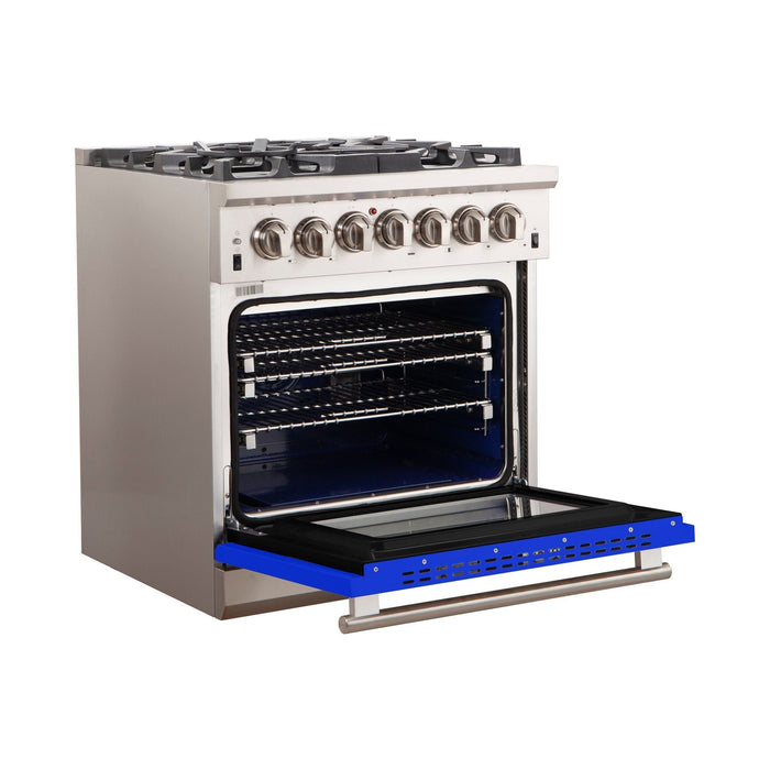 Forno 30-Inch Capriasca Gas Range with 5 Burners and Convection Oven in Stainless Steel with Blue Door (FFSGS6260-30BLU)