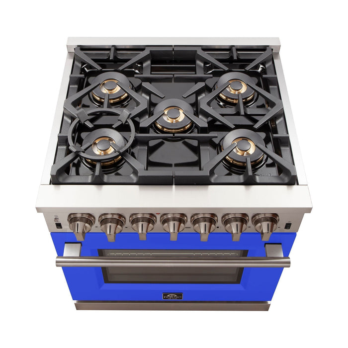 Forno 30-Inch Capriasca Gas Range with 5 Burners and Convection Oven in Stainless Steel with Blue Door (FFSGS6260-30BLU)