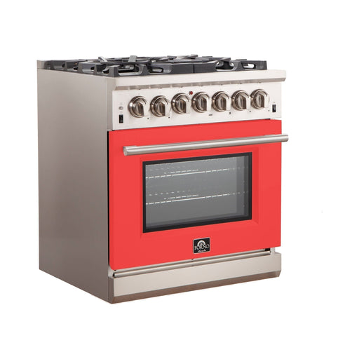 Forno 30-Inch Capriasca Gas Range with 5 Burners and Convection Oven in Stainless Steel with Red Door (FFSGS6260-30RED)