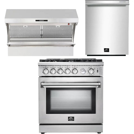 Forno 30 Inch Gas Range, Wall Mount Range Hood and Dishwasher Appliance Package