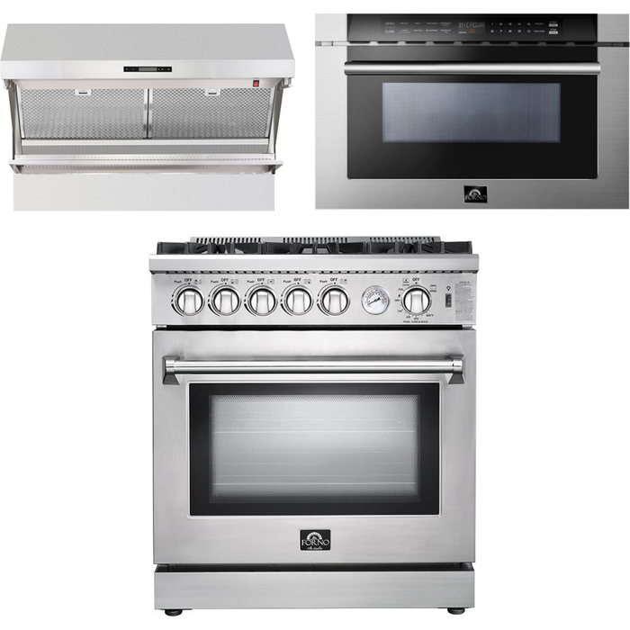 Forno 30 Inch Gas Range, Wall Mount Range Hood and Microwave Drawer Appliance Package