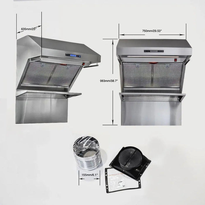 Forno 30 Inch Gas Range, Wall Mount Range Hood and Refrigerator Appliance Package