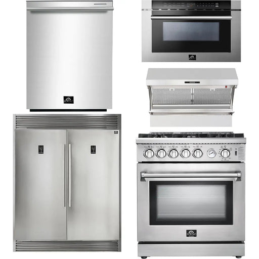 Forno 30 Inch Gas Range, Wall Mount Range Hood, Refrigerator, Microwave Drawer and Dishwasher Appliance Package