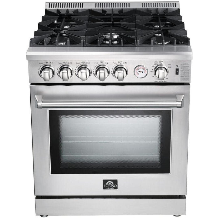 Forno 30 Inch Gas Range, Wall Mount Range Hood, Refrigerator, Microwave Drawer and Dishwasher Appliance Package