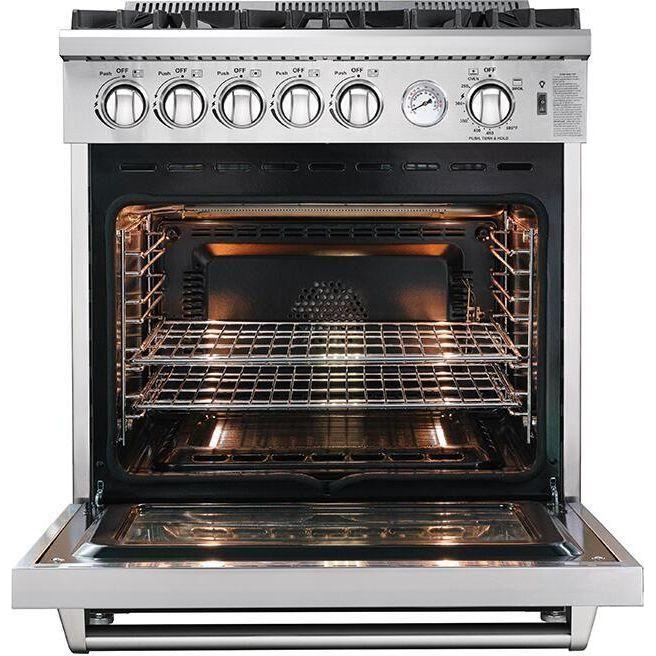 Forno 30 Inch Gas Range, Wall Mount Range Hood, Refrigerator, Microwave Drawer and Dishwasher Appliance Package