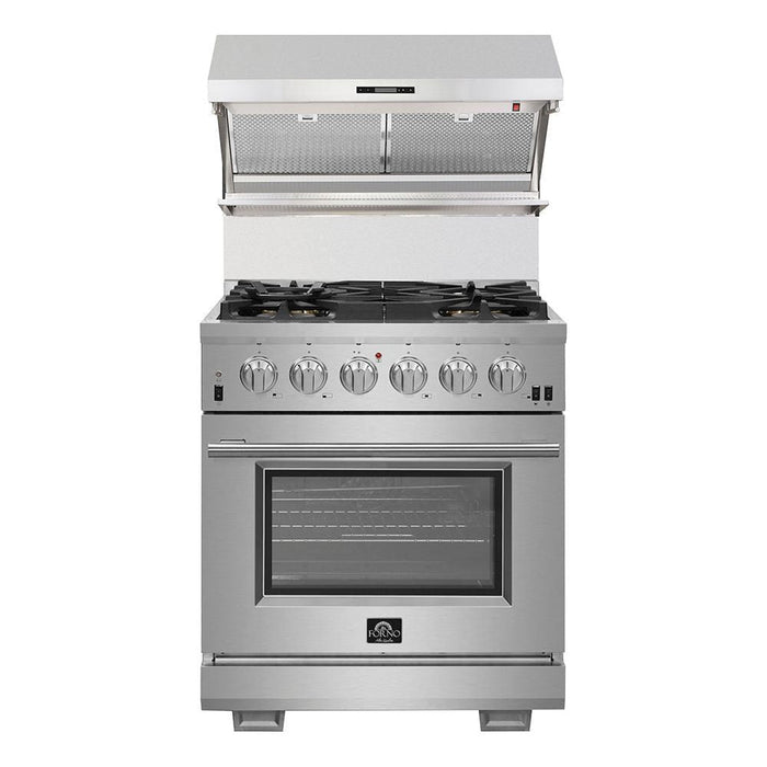 Forno 30 Inch Gas Range, Wall Mount Range Hood, Refrigerator, Microwave Drawer and Dishwasher Appliance Package