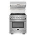 Forno 30 Inch Gas Range, Wall Mount Range Hood, Refrigerator, Microwave Drawer and Dishwasher Appliance Package