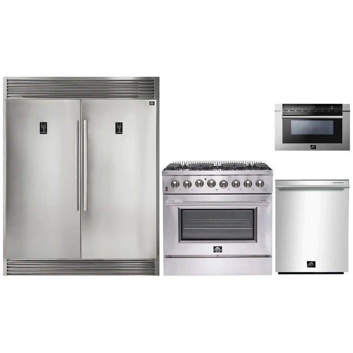 Forno 36" Dual Fuel Range, 56" Pro-Style Refrigerator, Microwave Drawer and Stainless Steel 3-Rack Dishwasher Appliance Package