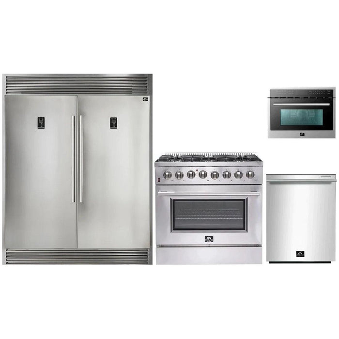 Forno 36" Dual Fuel Range, 56" Pro-Style Refrigerator, Microwave Oven and Stainless Steel 3-Rack Dishwasher Appliance Package