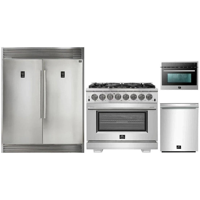 Forno 36" Dual Fuel Range, 56" Pro-Style Refrigerator, Microwave Oven and Stainless Steel 3-Rack Dishwasher Pro Appliance Package