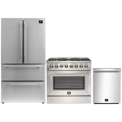 Forno 36" Dual Fuel Range, French Door Refrigerator & Stainless Steel Dishwasher Appliance Package