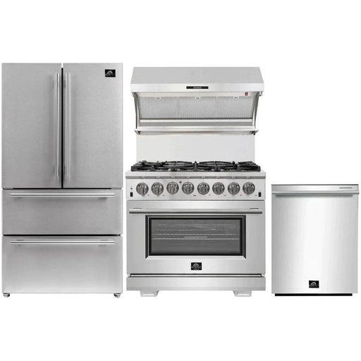 Forno 36" Dual Fuel Range, French Door Refrigerator, Wall Mount Hood with Backsplash and Stainless Steel Dishwasher Pro Appliance Package