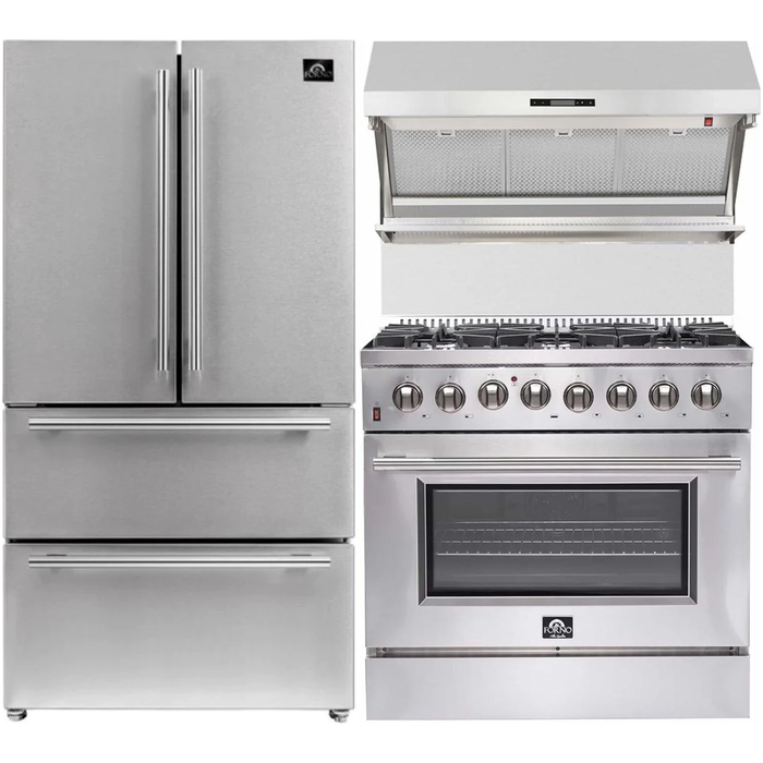 Forno 36" Dual Fuel Range, Refrigerator and Stainless Steel Wall Mount Hood with Backsplash Appliance Package