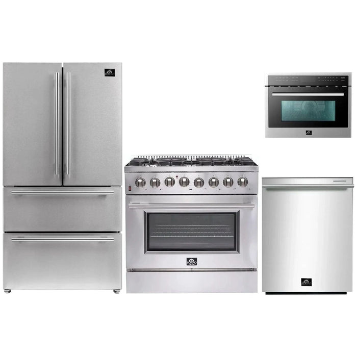 Forno 36" Dual Fuel Range, Refrigerator, Microwave Oven and Stainless Steel 3-Rack Dishwasher Appliance Package