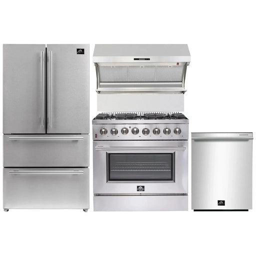 Forno 36" Dual Fuel Range, Refrigerator, Wall Mount Hood with Backsplash and Stainless Steel 3-Rack Dishwasher Appliance Package