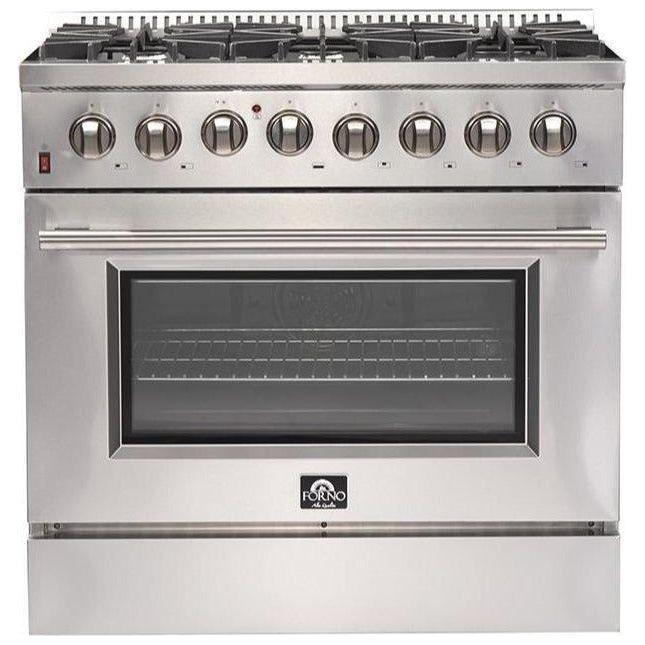 Forno 36" Dual Fuel Range, Refrigerator, Wall Mount Hood with Backsplash and Stainless Steel 3-Rack Dishwasher Appliance Package