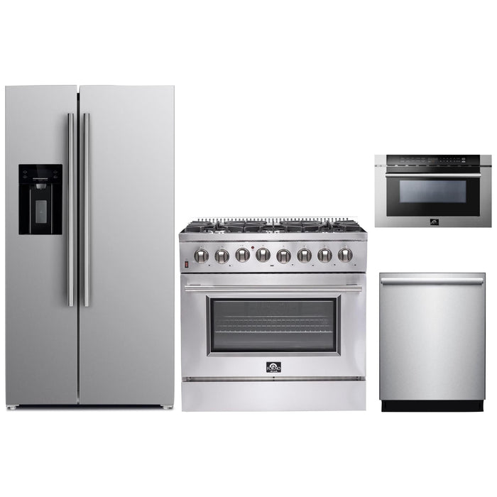 Forno 36" Dual Fuel Range, Refrigerator with Water Dispenser, Microwave Drawer and Stainless Steel 3-Rack Dishwasher Appliance Package