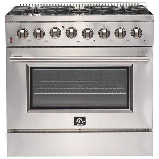 Forno 36" Dual Fuel Range, Refrigerator with Water Dispenser, Microwave Drawer and Stainless Steel 3-Rack Dishwasher Appliance Package