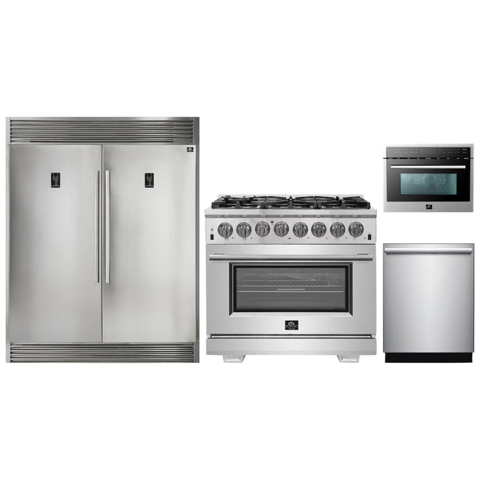 Forno 36" Dual Fuel Range, Refrigerator with Water Dispenser, Microwave Oven and Stainless Steel 3-Rack Dishwasher Pro Appliance Package