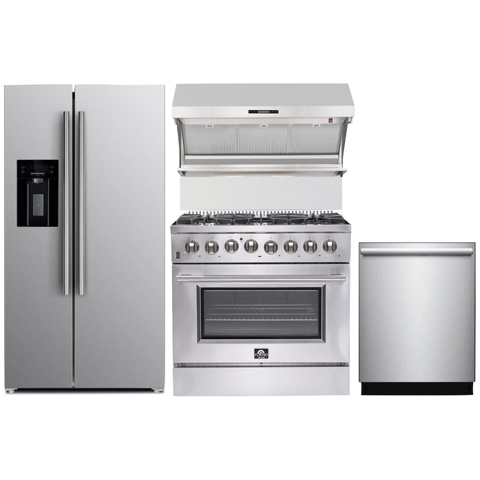 Forno 36" Dual Fuel Range, Refrigerator with Water Dispenser, Wall Mount Hood with Backsplash and Stainless Steel 3-Rack Dishwasher Appliance Package