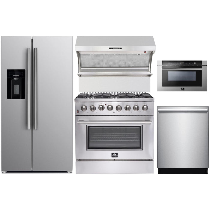 Forno 36" Dual Fuel Range, Refrigerator with Water Dispenser, Wall Mount Hood with Backsplash, Microwave Drawer and Stainless Steel 3-Rack Dishwasher Appliance Package