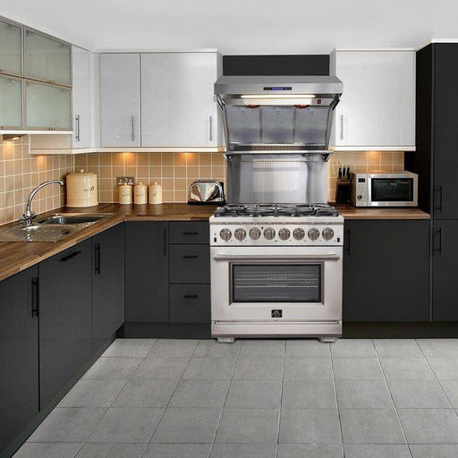 Forno 36" Dual Fuel Range + Wall Mount Range Hood + Refrigerator + Microwave Drawer + Dishwasher Appliance Package