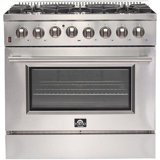 Forno 36" Dual Fuel Range + Wall Mount Range Hood + Refrigerator + Microwave Drawer + Dishwasher Appliance Package