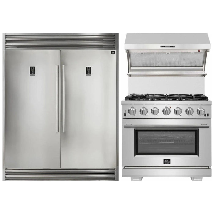 Forno 36" Gas Range, 56" Pro-Style Refrigerator and Stainless Steel Wall Mount Hood with Backsplash Appliance Package