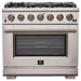 Forno 36" Gas Range, 56" Pro-Style Refrigerator and Stainless Steel Wall Mount Hood with Backsplash Appliance Package