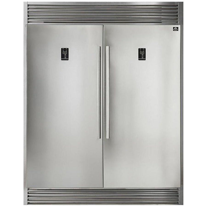 Forno 36" Gas Range, 56" Pro-Style Refrigerator and Stainless Steel Wall Mount Hood with Backsplash Appliance Package