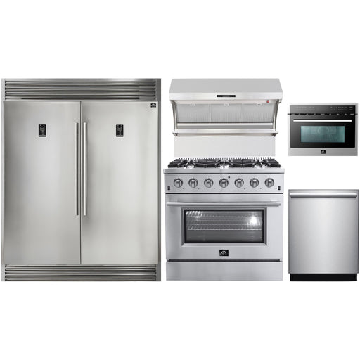 Forno 36" Gas Range, 56" Pro-Style Refrigerator, Wall Mount Hood with Backsplash, Microwave Oven and Stainless Steel 3-Rack Dishwasher Appliance Package