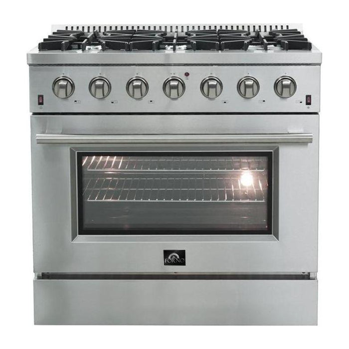 Forno 36" Gas Range, Refrigerator with Water Dispenser, Microwave Oven and Stainless Steel 3-Rack Dishwasher Appliance Package