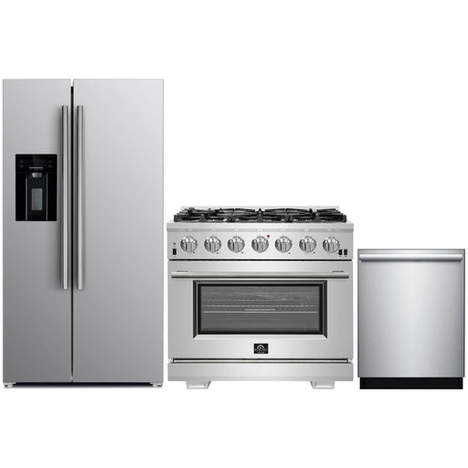 Forno 36" Gas Range, Refrigerator with Water Dispenser & Stainless Steel Dishwasher Pro Appliance Package