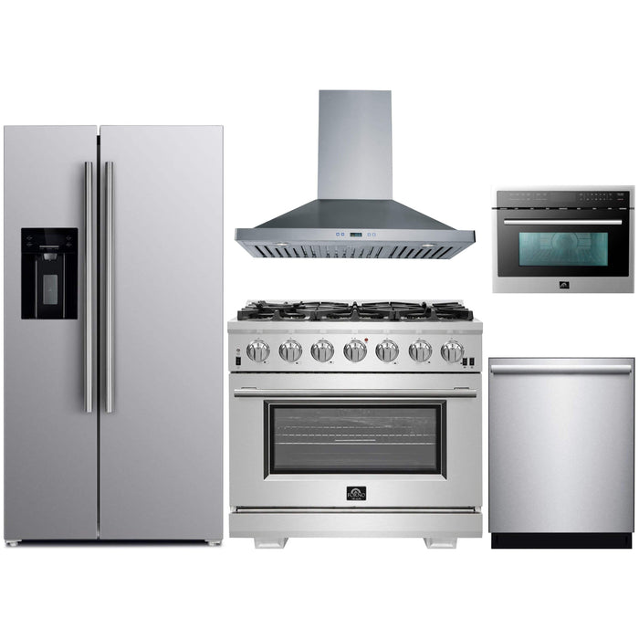 Forno 36" Gas Range, Refrigerator with Water Dispenser, Wall Mount Hood, Microwave Drawer and Stainless Steel 3-Rack Dishwasher Pro Appliance Package