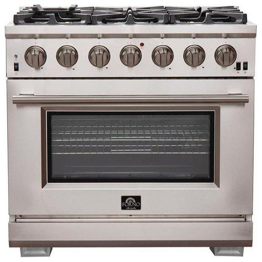 Forno 36" Gas Range, Refrigerator with Water Dispenser, Wall Mount Hood, Microwave Drawer and Stainless Steel 3-Rack Dishwasher Pro Appliance Package