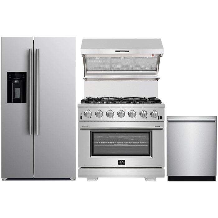 Forno 36" Gas Range, Refrigerator with Water Dispenser, Wall Mount Hood with Backsplash and Stainless Steel 3-Rack Dishwasher Pro Appliance Package